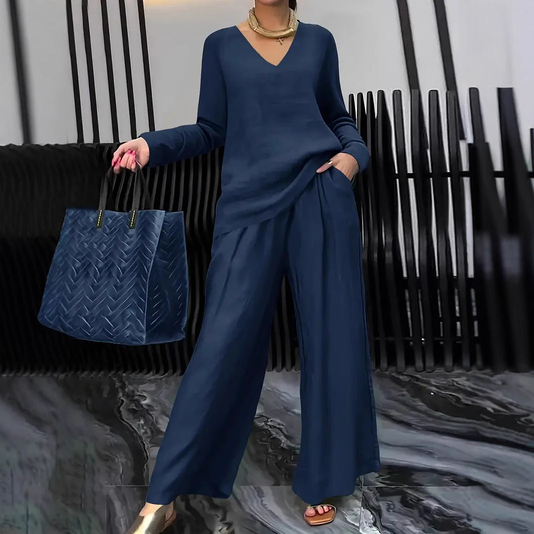 Women's Casual V Neck Wide Leg Pants Matching Set Plus Size