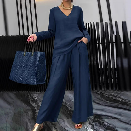 Women's Casual V Neck Wide Leg Pants Matching Set Plus Size
