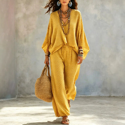 Boho Polka Dot Batwing Top and Jogger Pants Lounge Set