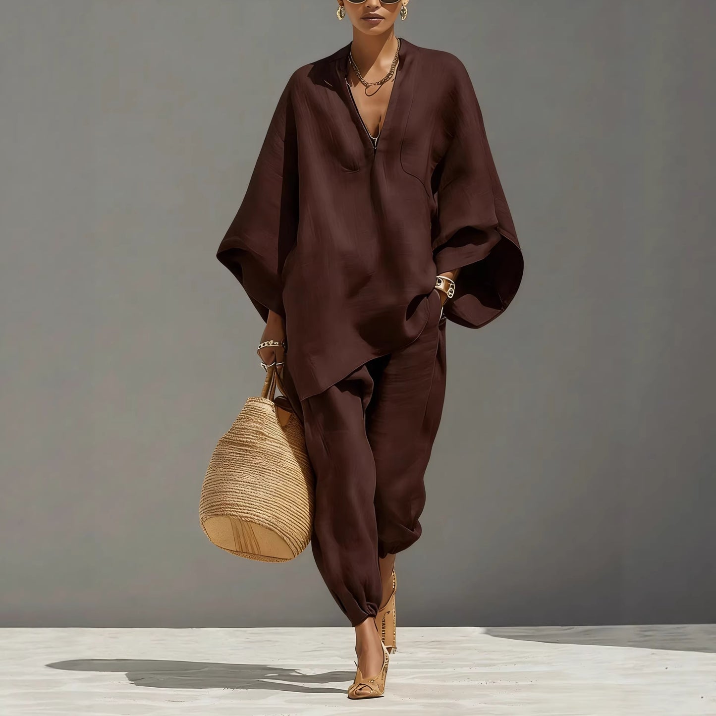 Women's Linen Blend Batwing V-Neck Two Piece Set