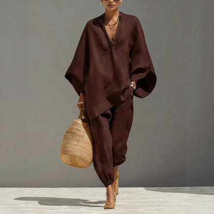 Women's Linen Blend Batwing V-Neck Two Piece Set