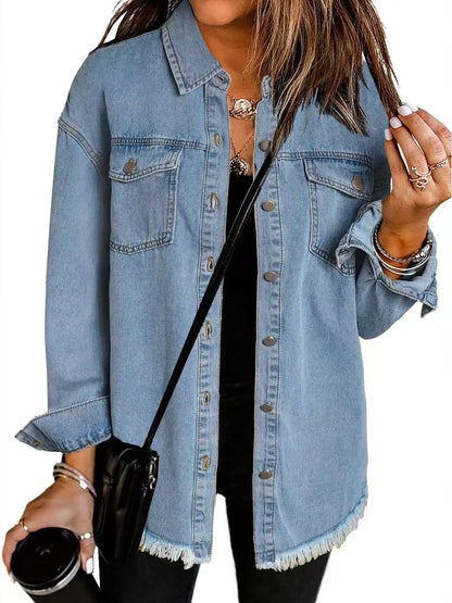 Women's Oversized Denim Shacket Frayed Hem