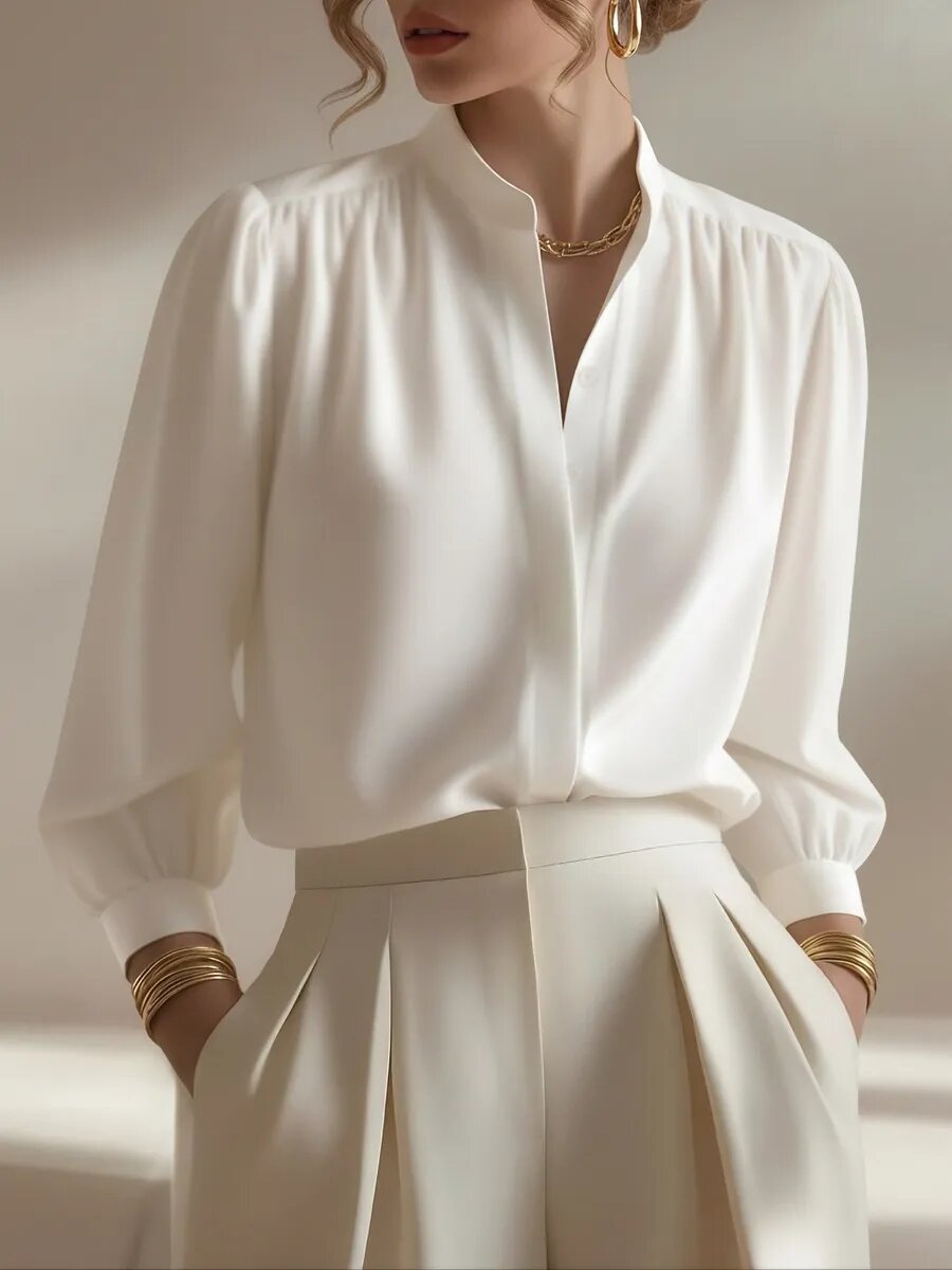 Women's Satin Puff Sleeve Blouse Mandarin Collar Top