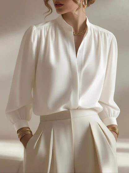 Women's Satin Puff Sleeve Blouse Mandarin Collar Top