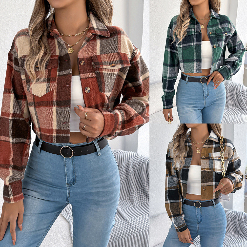 Women's Cropped Plaid Shacket Long Sleeve Button Front