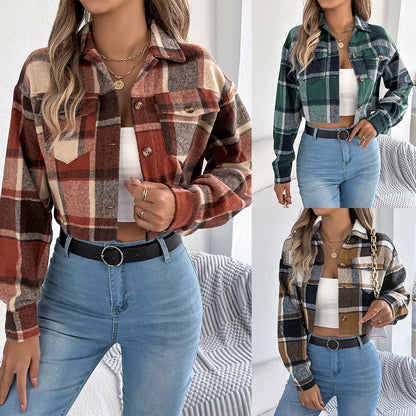 Women's Cropped Plaid Shacket Long Sleeve Button Front