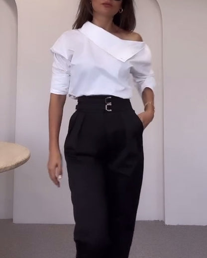 Elegant Mock Neck Gold Button Off Shoulder White Blouse