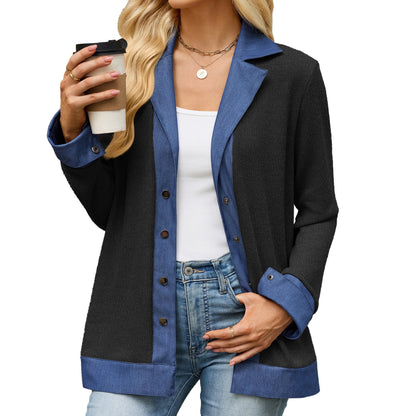 Women's Denim Contrast Knit Cardigan Button Front Jacket
