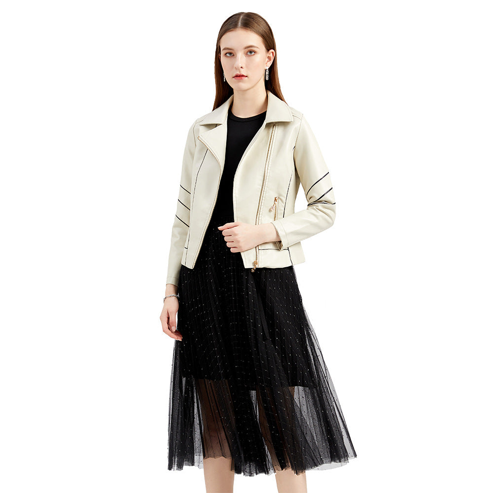 Women's Cropped Faux Leather Moto Jacket Zip Up