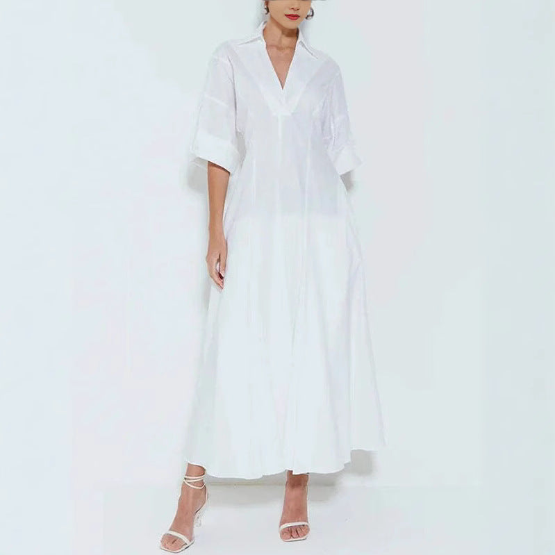 Cotton Shirt Maxi Dress Flowy Elegant Pockets
