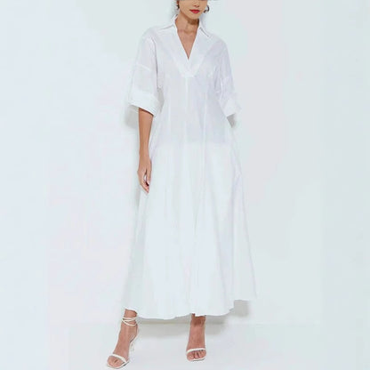 Cotton Shirt Maxi Dress Flowy Elegant Pockets