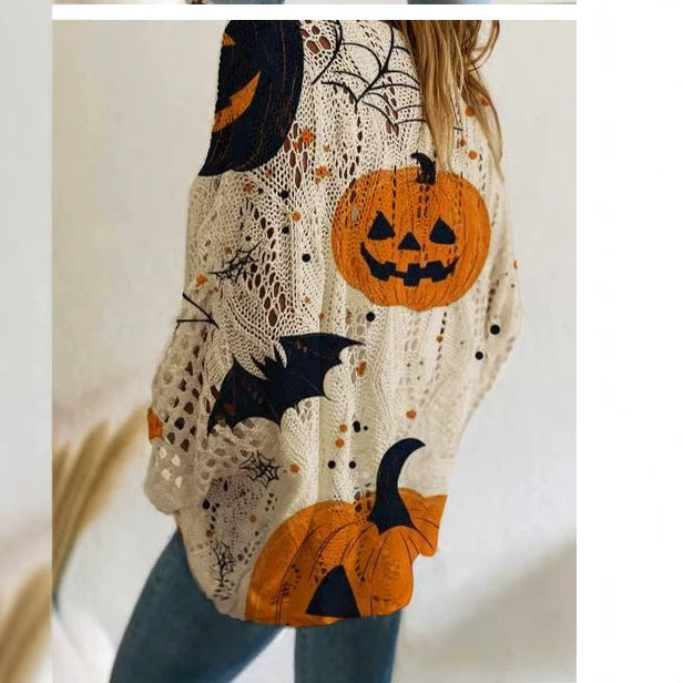 Off Shoulder Crochet Halloween Pumpkin Bat Sweater