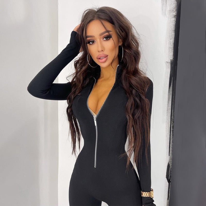 Zip Front Bodycon Jumpsuit Long Sleeve High Waist Yoga