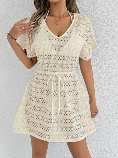 Sheer Lace Drawstring Beach Cover Up with Bow Tie Waist