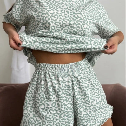 Leopard Print Pajama Set Ruffle Trim Shorts Loungewear