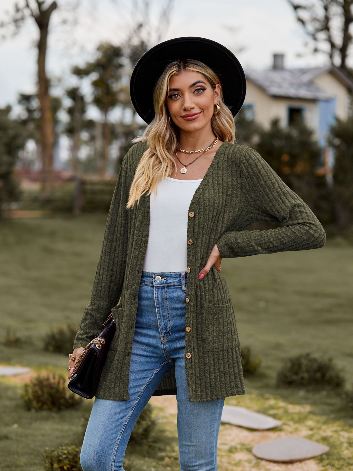 Ribbed Knit Cardigan Long Sleeve Button Pocket Sweater