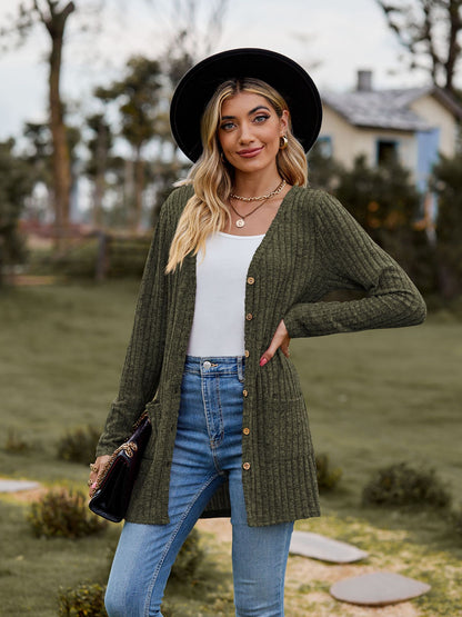 Ribbed Knit Cardigan Long Sleeve Button Pocket Sweater