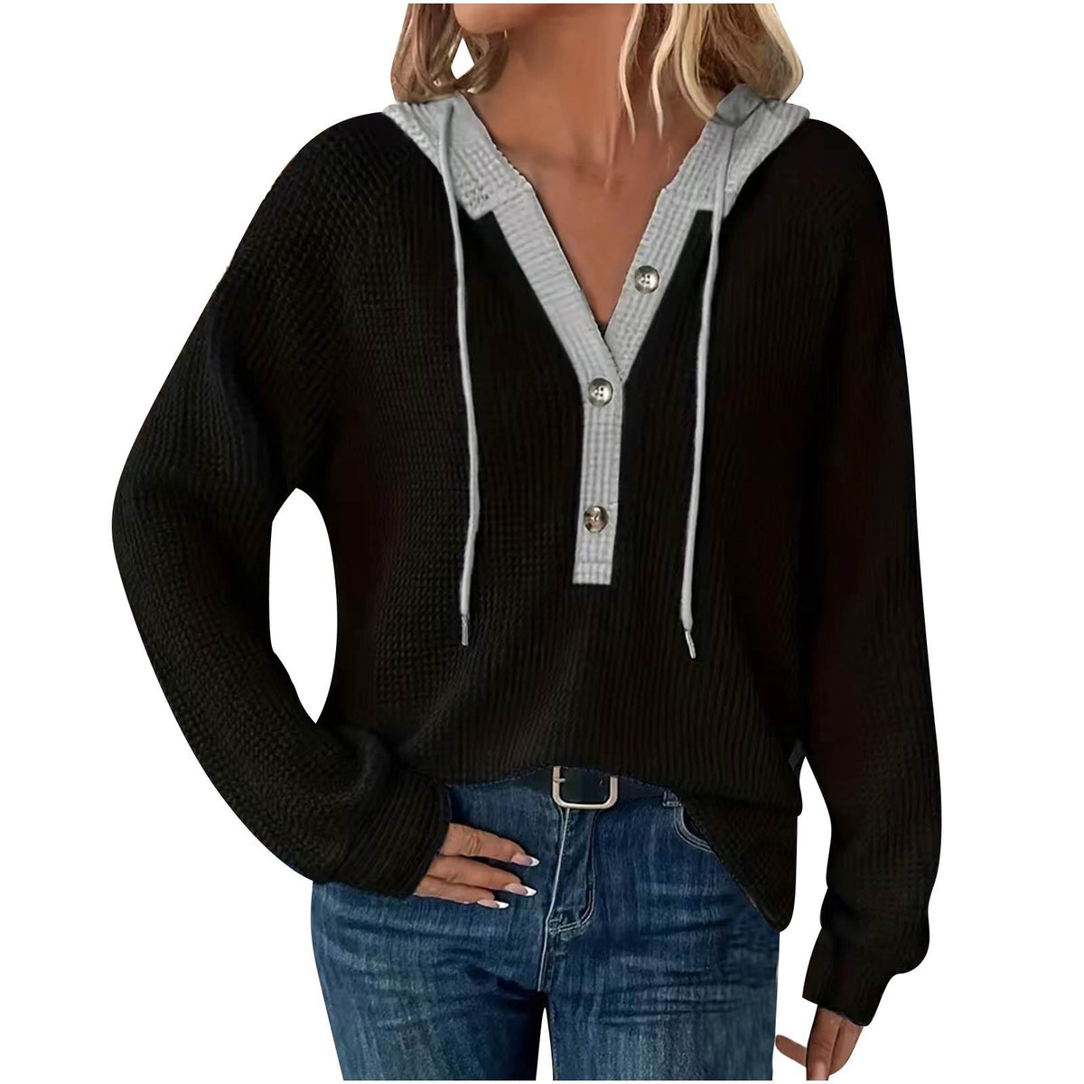 Women's Waffle Knit Color Block Henley Hoodie Long Sleeve