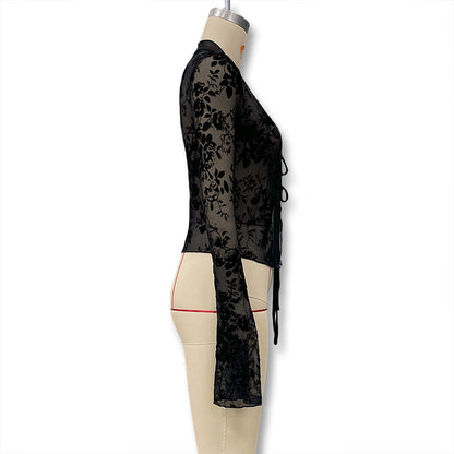 Black Sheer Floral Bell Sleeve Tie Front Crop Top