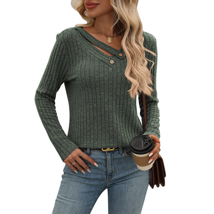 Ribbed V Neck Button Detail Long Sleeve Knit Top