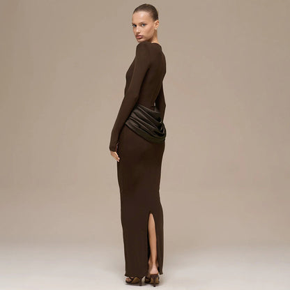 Women's Boat Neck Long Sleeve Ruched Bodycon Maxi Dress