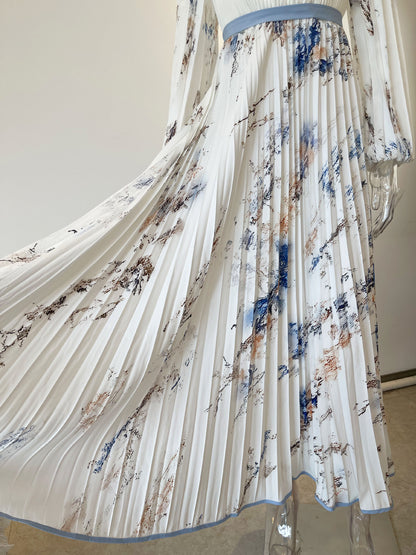 Floral Pleated V-Neck Long Sleeve Maxi Dress