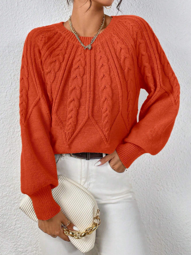 Women's Cable Knit Balloon Sleeve Crew Neck Sweater