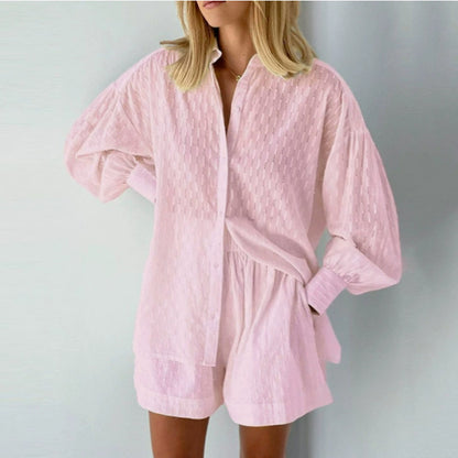 Women's Cotton Jacquard Shirt and Shorts Two Piece Set