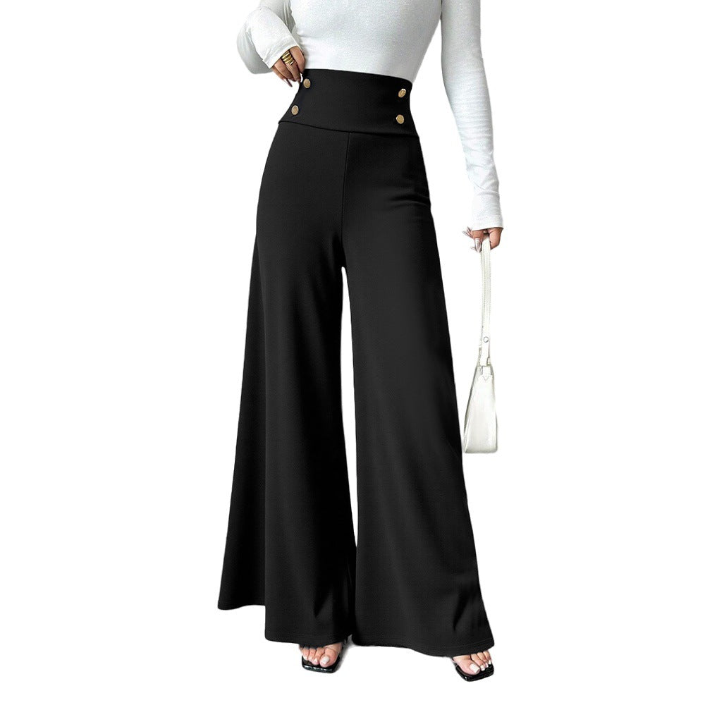 Black High Waist Wide Leg Pants Button Trousers