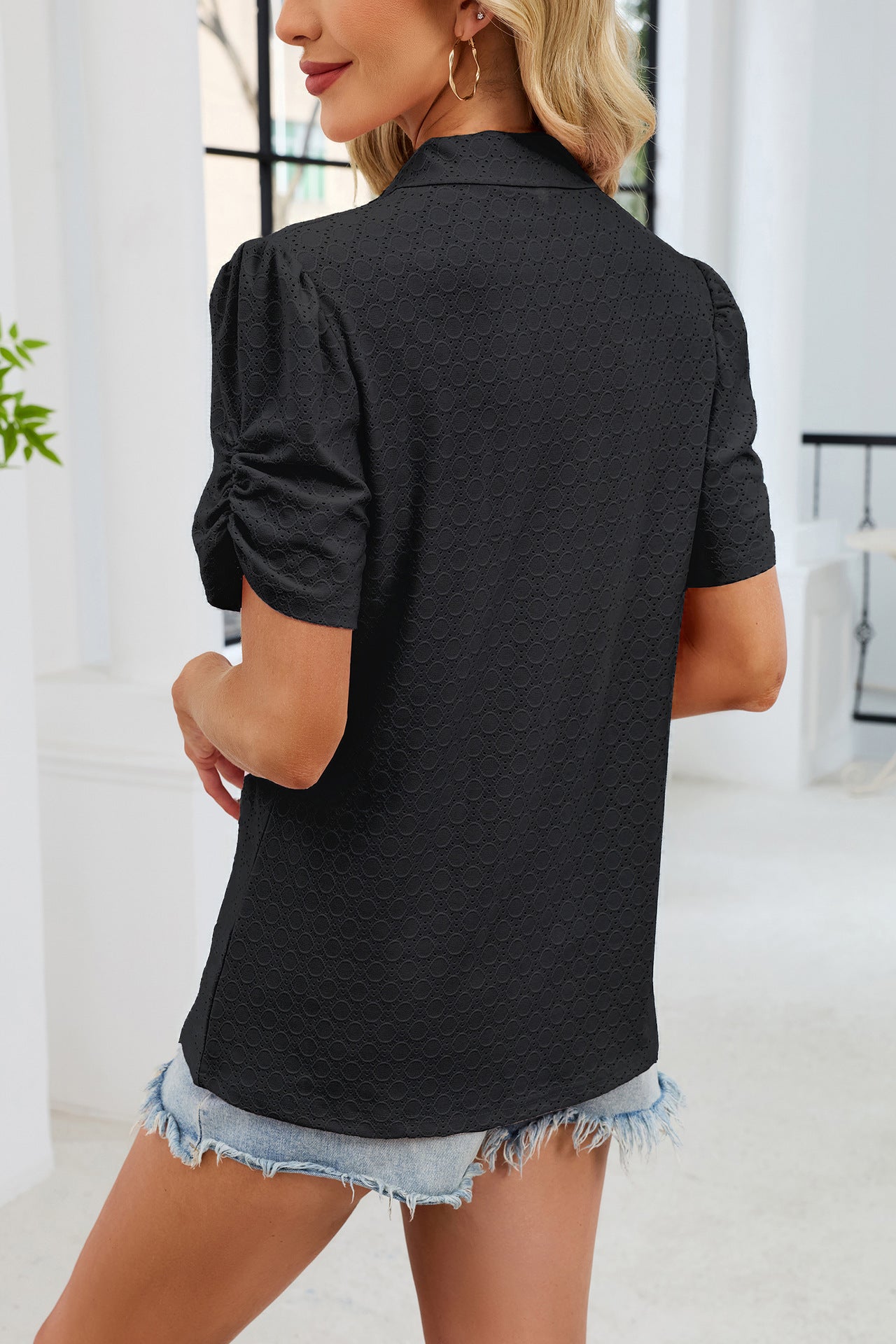 Women's V-Neck Puff Sleeve Polo Shirt Loose Casual Summer Top