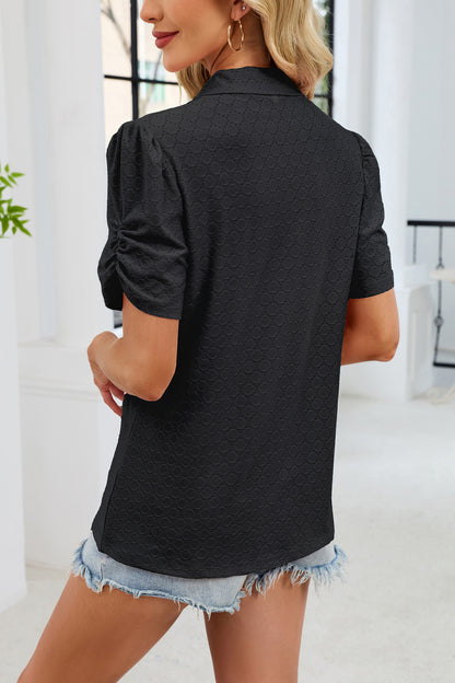 Women's V-Neck Puff Sleeve Polo Shirt Loose Casual Summer Top