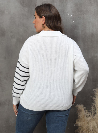 Women's Contrasting Splicing Striped POLO Neck Pullover Sweater