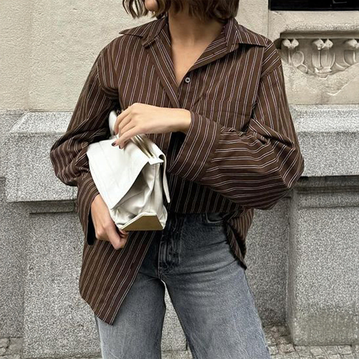 Women's Striped Button Up Shirt Long Sleeve Brown