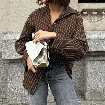 Women's Striped Button Up Shirt Long Sleeve Brown