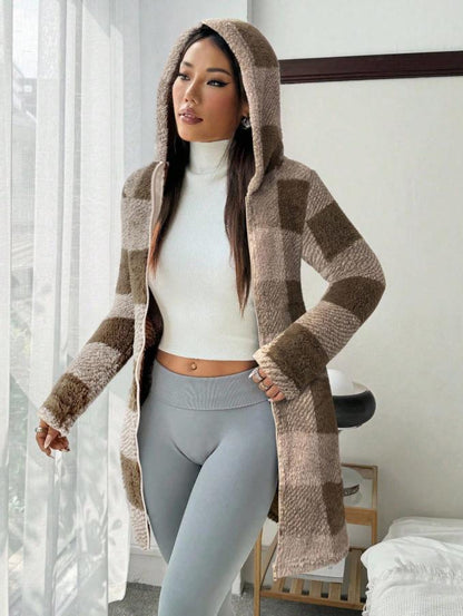 Women's Buffalo Plaid Sherpa Hooded Long Zip Jacket