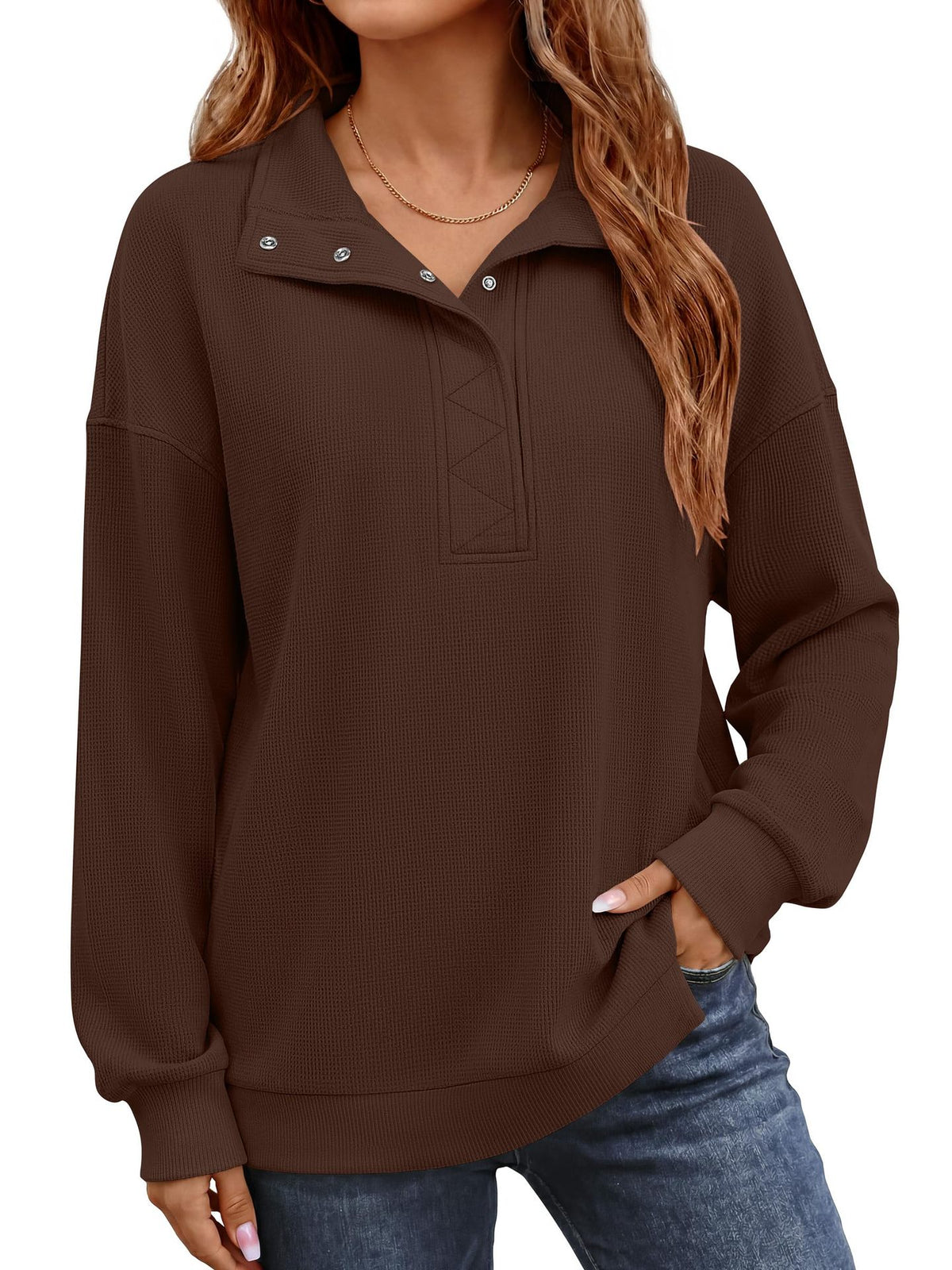 Women's Waffle Knit Oversized Button Pullover Sweatshirt
