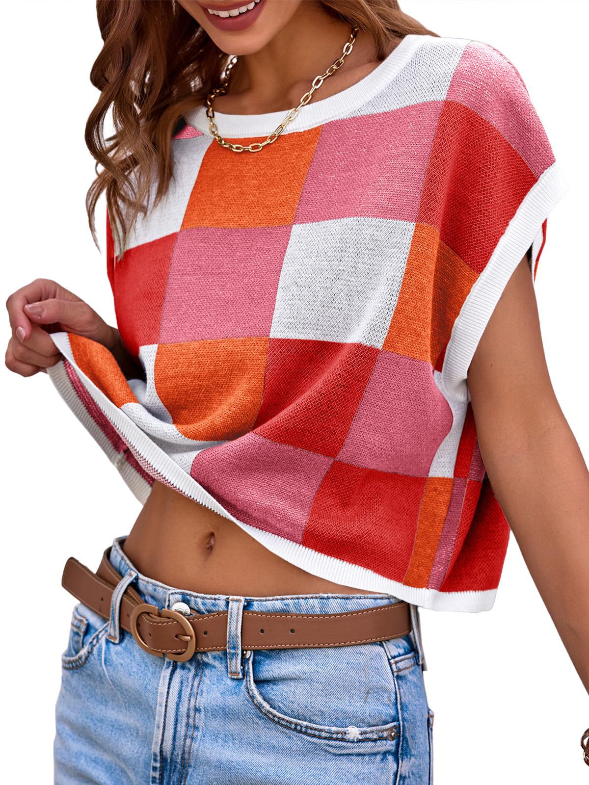 Women’s Colorblock Checkerboard Knit Crop Sweater Tee