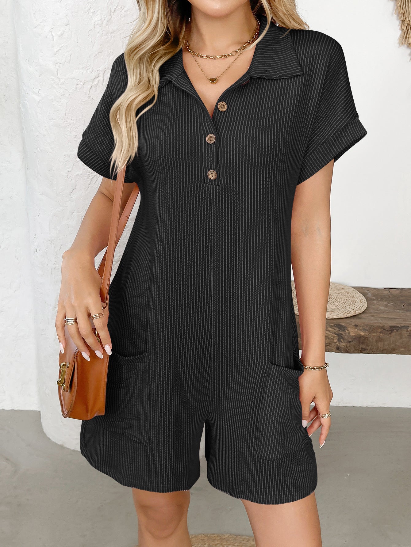 Lapel Button Loose Pocket Short Sleeve Jumpsuit