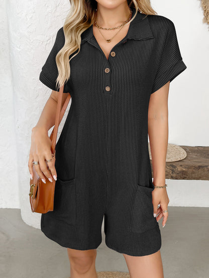 Lapel Button Loose Pocket Short Sleeve Jumpsuit