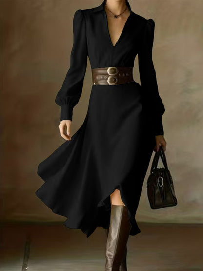 Women's White Collared Long Sleeve Pleated Maxi Dress