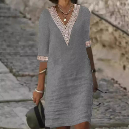 Women's Cotton Linen V-Neck Lace Trim Casual Midi Dress