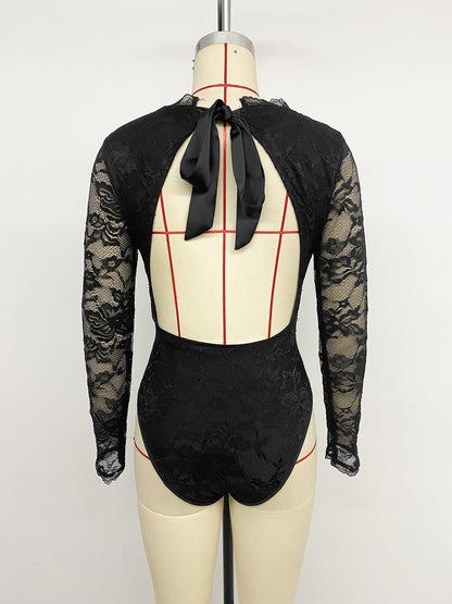 Black Lace V Neck Long Sleeve Slim Fit Bodysuit