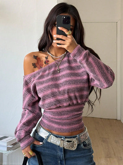 Off Shoulder Striped Knit Top Long Sleeve Trendy Sweater