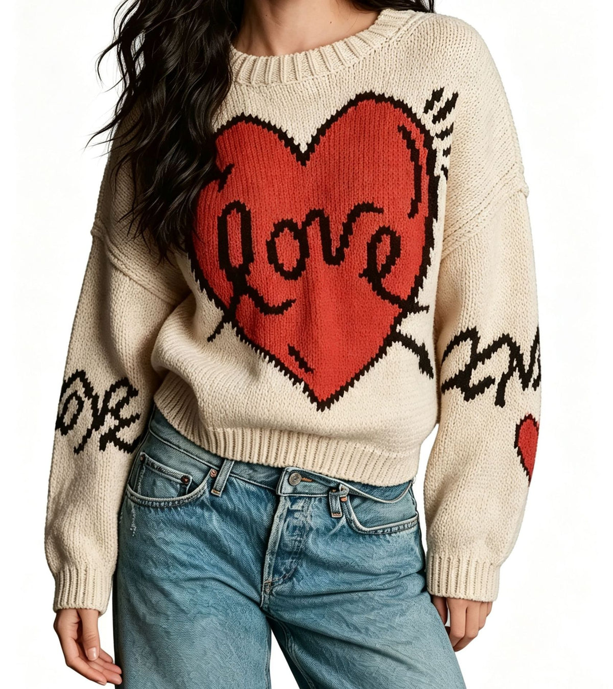 Women's Love Heart Crew Neck Knit Sweater Long Sleeve