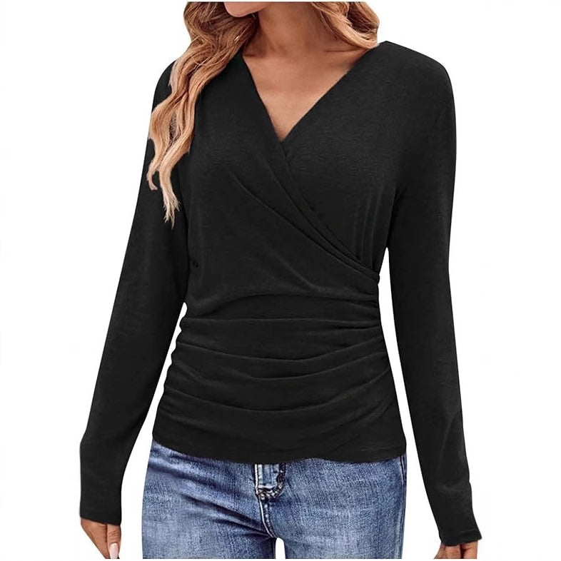 Women's Wrap V-Neck Long Sleeve Ruched Knit Top