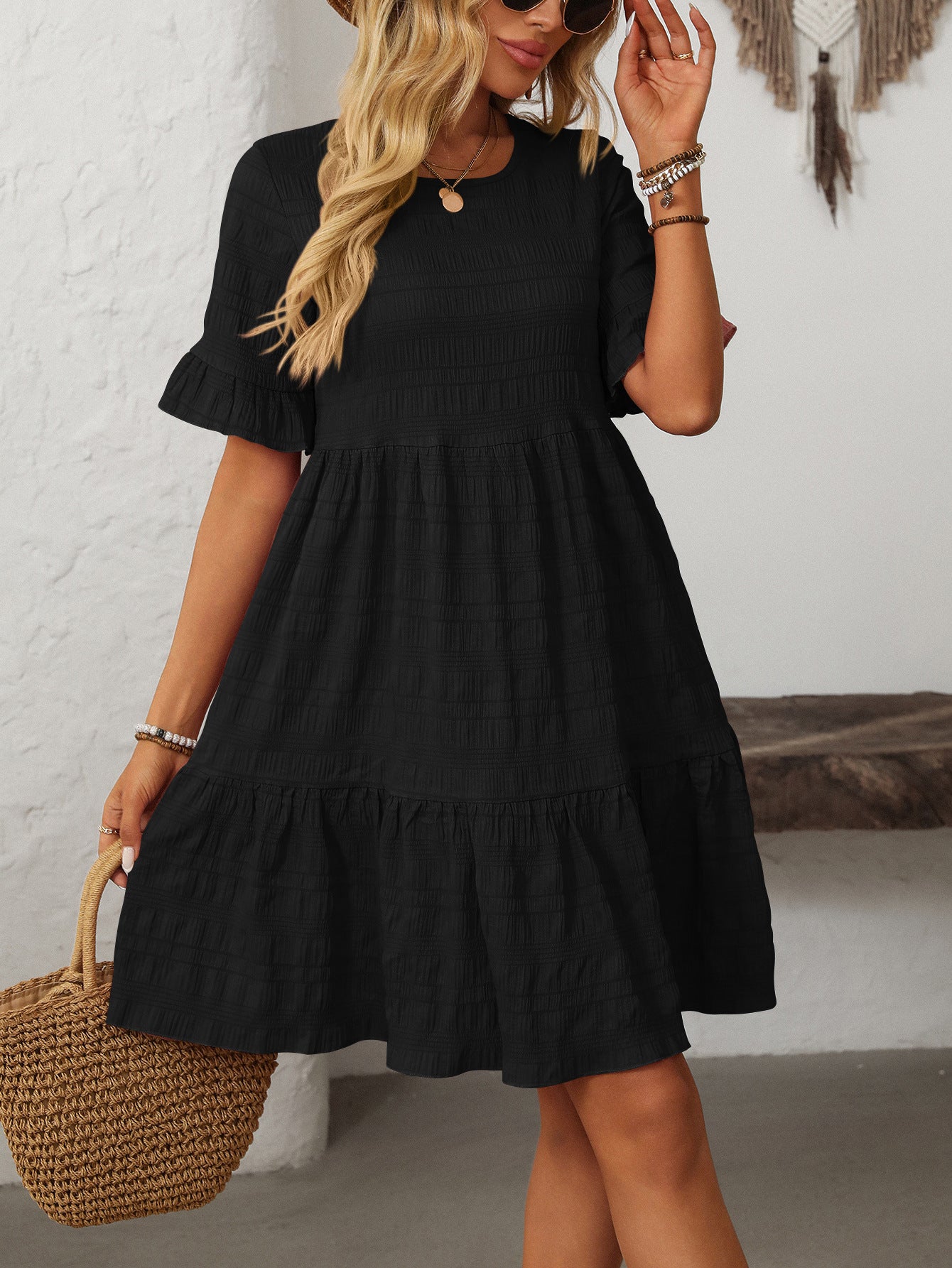 Textured Smocked Short Sleeve Tiered Midi Dress