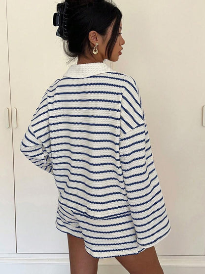 Striped Polo Lounge Set Long Sleeve Top & Shorts Set