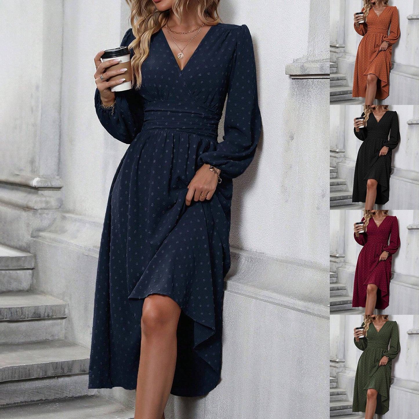 V-Neck Balloon Sleeve Maxi Dress Smocked High Waist A-Line