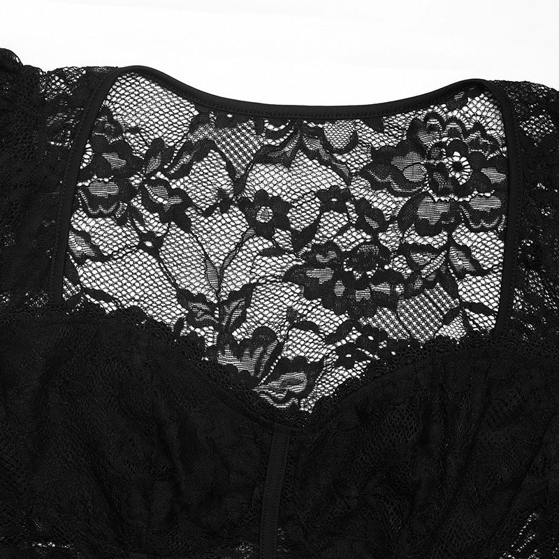 Lace Bodysuit Long Sleeve Square Neck Fitted Top