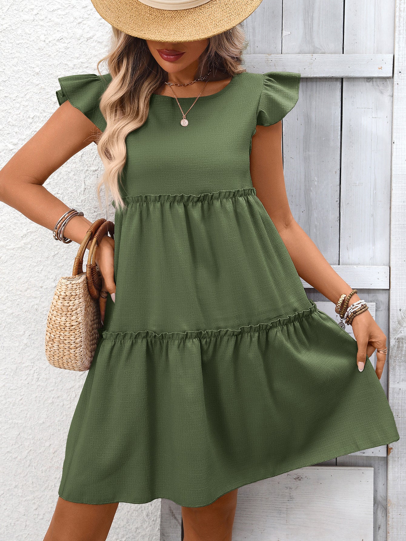 Solid Chiffon Mini Dress Boho Tiered Ruffle Flutter Sleeve